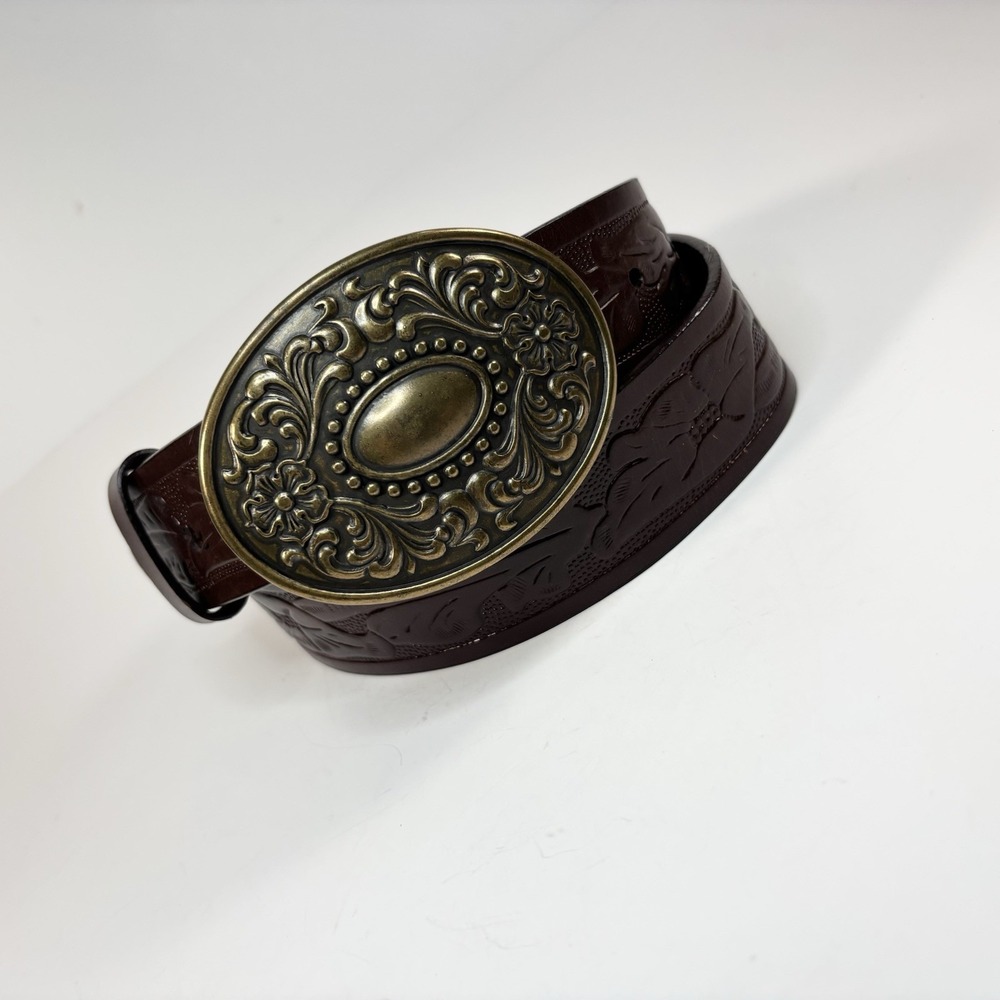 Western Genuine Leather Belt Chocolate Brown Gold Buckle Size Medium Express